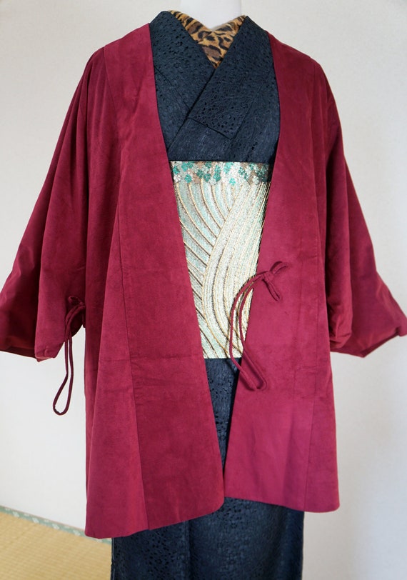Suede wine red kimono jacket, wrap jacket, douchuu