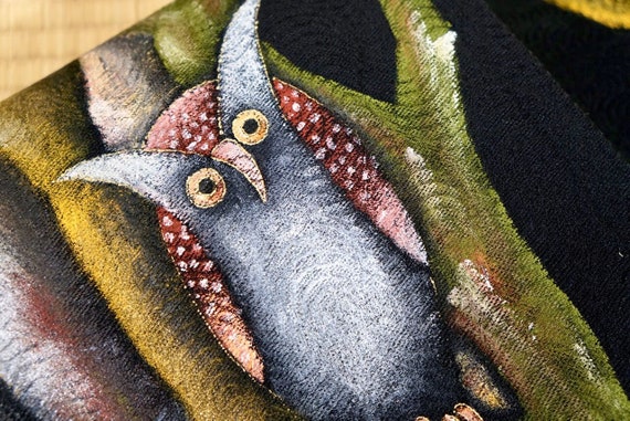 Japanese Obi Belt- GREAT, Hand painted art Owl Si… - image 1