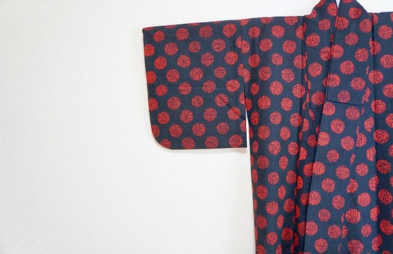 Black Red polka dots Japanese wool hitoe kimono fl