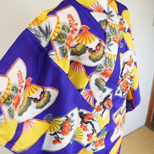 Antique Meisen Kimono - silk kimono purple fan and floral, authentic kimono, japanese robe, classic kimono, vintage robe japanese