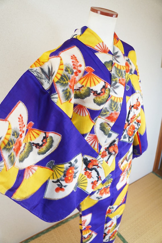 Antique Meisen Kimono - silk kimono purple fan and
