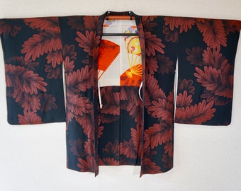 Black haori jacket with red autumn leaves, Japanese vintage silk kimono jacket, woven art robe, kawaii goth, harajuku fashion retro modern