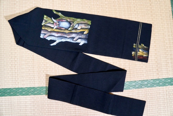 Japanese Obi Belt- GREAT, Hand painted art Owl Si… - image 4