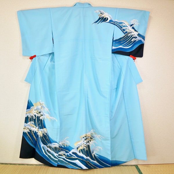 Kimono hokusai style big wave, LARGE Japanese polyester hitoe kimono blue, summer kimono, matsuri yukata, cool Japan ukiyoe kimono 168 cm