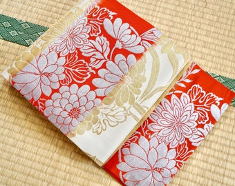 Japanese obi belt - GOOD antique plum, red gold chrysanthemum, bamboo silk obi belt, vintage floral obi flower plum blossoms, girls, gift