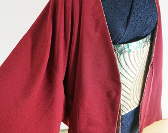 Dark red chirimen kimono jacket, douchuugi, kimono outerwear, kimono coat, red haori, kimono accessories, authentic kimono, japanese jacket