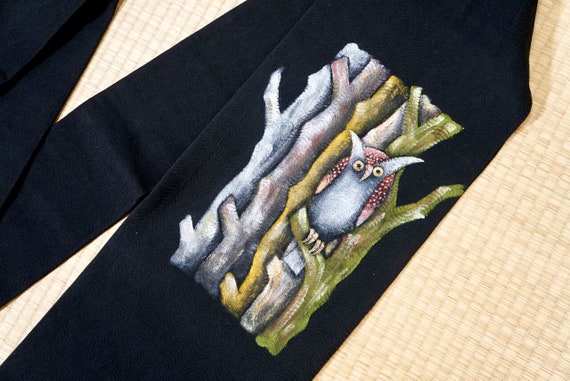 Japanese Obi Belt- GREAT, Hand painted art Owl Si… - image 5
