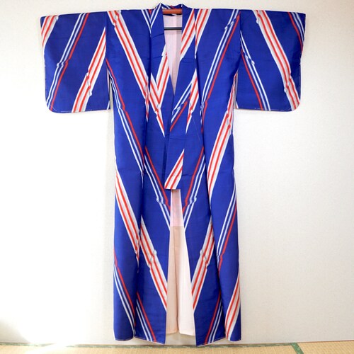 Striped Japanese shops kimono awase deep blue meisen white red, vintage komon, silk kimono authentic lined union jack zigzag geometric robe 152 cm