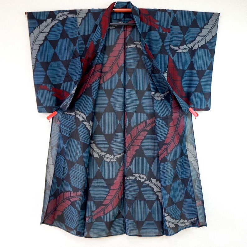 Antique summer sha kimono with black blue diamonds feathers | Etsy