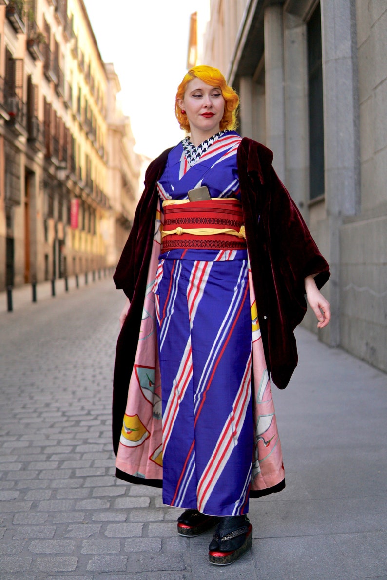 Striped Japanese shops kimono awase deep blue meisen white red, vintage komon, silk kimono authentic lined union jack zigzag geometric robe 152 cm