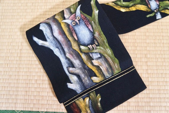 Japanese Obi Belt- GREAT, Hand painted art Owl Si… - image 2