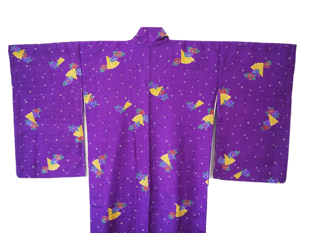 Japanese Kimono With Fans, Deep Purple Retro Pattern Vintage Silk