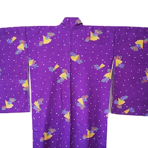 Japanese Kimono with fans, Deep Purple Retro Pattern Vintage Silk Kimono, Japanese robe, made in japan, authentic kimono, japanese fashion