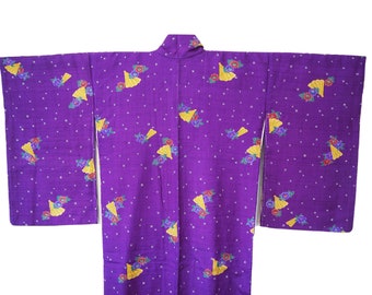 Japanese Kimono with fans, Deep Purple Retro Pattern Vintage Silk Kimono, Japanese robe, made in japan, authentic kimono, japanese fashion