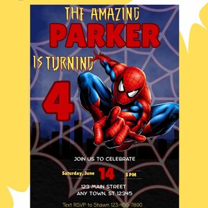 SpiderMan SuperHero-verjaardagsuitnodiging, bewerkbare downloadsjabloon, afdrukken of delen, verjaardagsuitnodiging voor kinderen