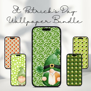 Könnte beinhalten: Ein Set mit fünf St. Patrick's Day Handy-Hintergründen mit grünen, orangen und schwarzen Mustern mit Kleeblättern, Hufeisen, Regenbögen und Gnomen.
