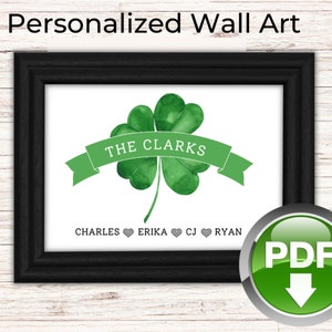 Arte de parede familiar personalizada do Dia de São Patrício, herança irlandesa, Lucky Shamrock Celtic DOWNLOAD de PDF personalizado, imagem emoldurada de corações de trevo
