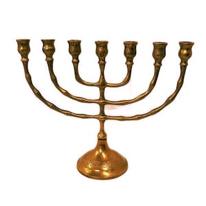 Menorah Signed 'Jerusalem' Candle Holder -  7 Arms/Branches  - Solid Brass - Vintage 8" Tall - Religious Art