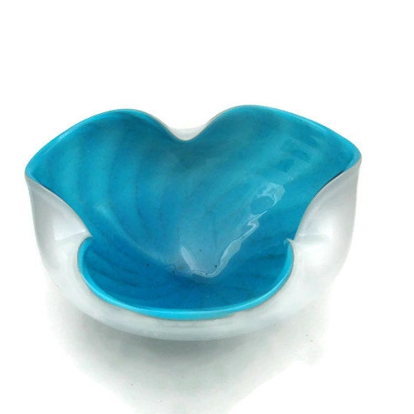 Murano Glass Bowl Swirl Design Tent Shaped Italy Turquoise Aqua Aventurine White Small