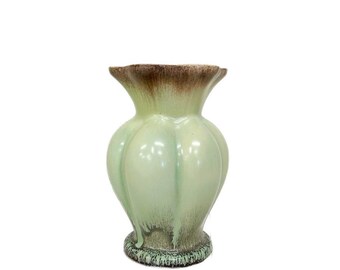 Strehla Keramik Vase - Germany - Mid Century - Mint Green and Brown Glaze - Ceramic Vase Ruffle Top - Handpainted High Quality Craftsmanship