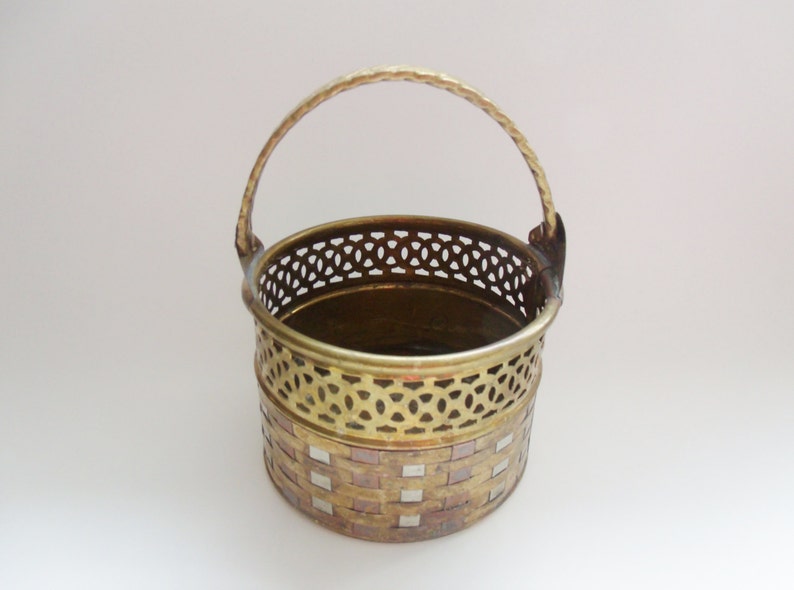 Brass Copper Basket, Steel Weave Basket with Braided Handle image 1