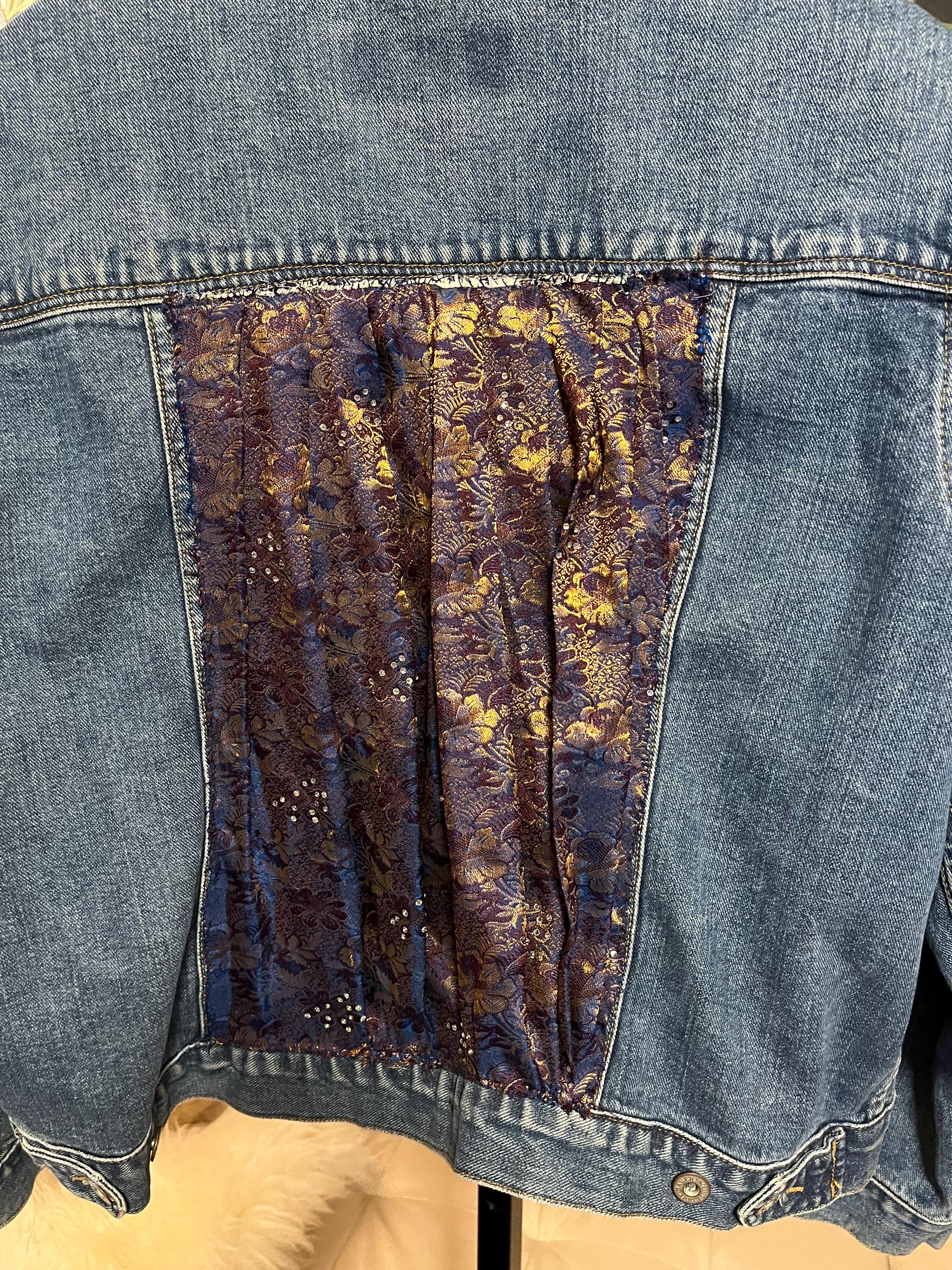 Upcycled Eddie Bauer Denim Jacket With Indian Fabric Enhancements
