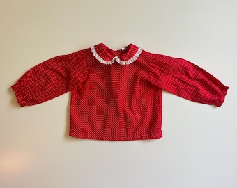 Vintage Red Cotton Blouse with Lace Collar, Size 24 Months
