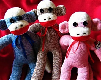 Sock Monkey Dolls Personalized Pink Blue or Brown Optional Heart Tattoo