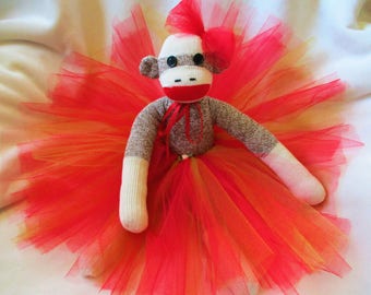 Sock Monkey Doll Prima Ballerina in Removable Red Tutu Plush Toy