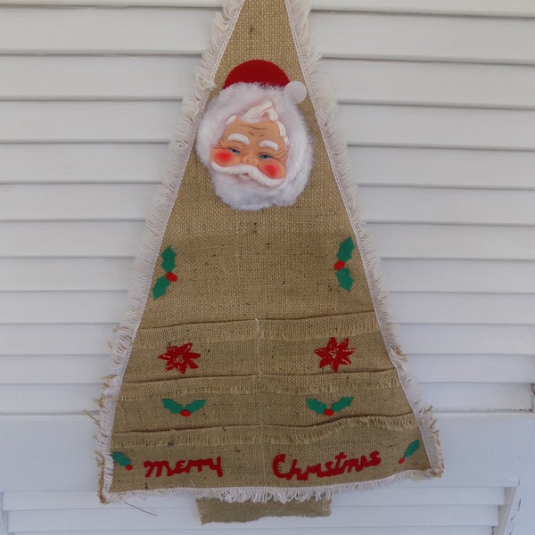 Vintage Christmas Card Holder Wall Hanging - Burlap Christmas Tree Wall Hanging - vintage Santa Head - Vintage Christmas Card Holder