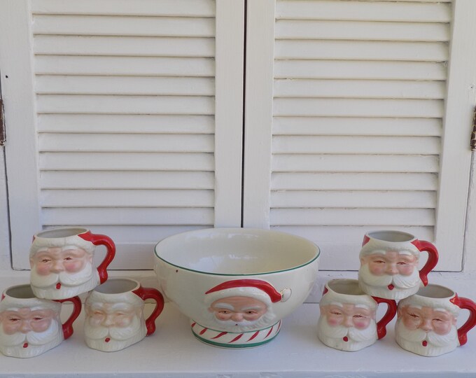 Vintage Santa Punch Bowl Set With 6 Santa Mugs Vintage Santa Face Mugs
