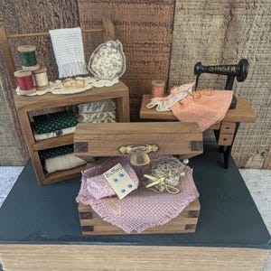 Miniature Sewing Room Furniture Set - 3 Detailed Dollhouse Pieces - Sewing Machine, Trunk and Sewing Cabinet - Dollhouse Craft/ Sewing Room