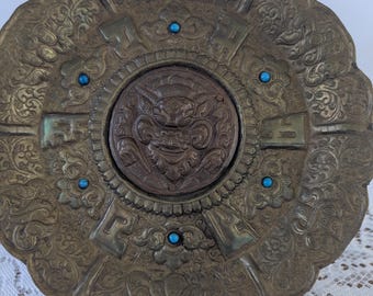 Vintage Embossed Brass Wall Plate - Indo - Tibetan Decorative Art - Turquoise - Colored Cabochons - 9 1/2" Brass Hanging Plate