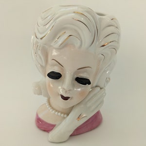 Vintage Nippon Lady Head Vase - Vintage Hand Painted Lady Head Vase with Pearl Necklace - White Hair Lady MCM Vintage Vase - Head Vase Plant