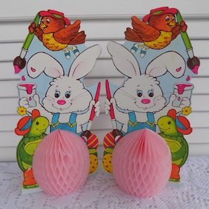2 recortes de cartón vintage de Pascua - Panal de abeja - Conejito, tortuga y pájaro - Decoración de mesa de Pascua - Recorte de cartón vintage para Pascua