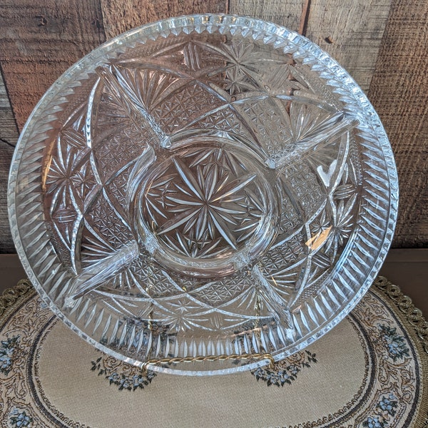 Vintage Glass Divided Relish Serving Dish - 9" Round Divided 5 Section Dish - Relish Tray - Divided Candy Dish - Divided Jewelry Holder
