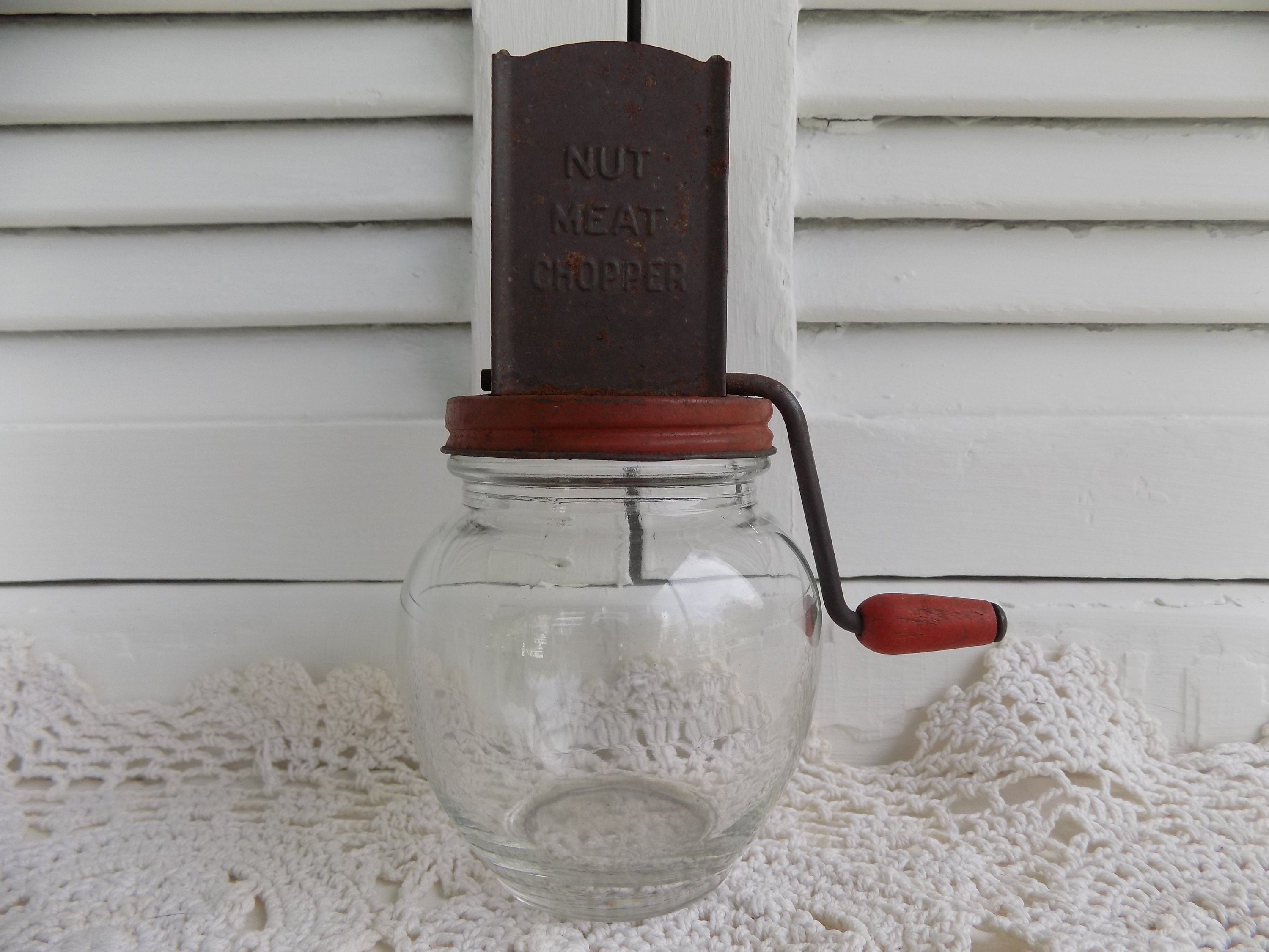 ANDROCK Nut Chopper Grinder Glass Jar Metal Lid Orange Manual Hand Crank  Vintage