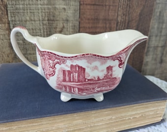Vintage Red Transferware Footed Creamer - Old Britain Castles - Goodrich and Brougham Castle 1792 - Johnson Brothers England - Ironstone