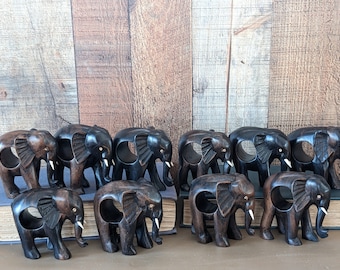 Set of 10 Wood Carved Elephant Napkin Rings: Exotic Table Decor