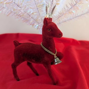 Vintage Red Flocked Reindeer with Silver Antlers & Gold Bell - Made in Japan - Mid Century Christmas Decor - Vintage Christmas Decoration