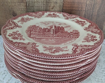 Vintage-Set aus 11 roten Transferware-Speisetellern – Old Britain Castles – Blarney Castle 1792 – Speiseteller aus Eisenstein – hergestellt in England