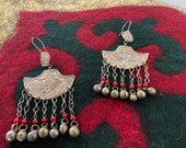 Central Asian earrings uzbek kazakh with Unique shape metal filigree natural stone pink coral