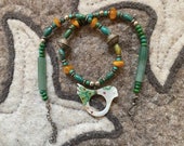 Amazing Necklace with jade old central asian beads and korean motherpearl with bird shape unique