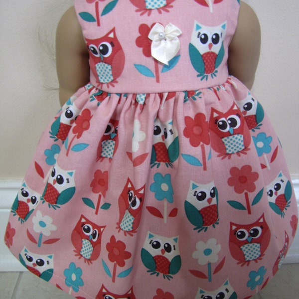 Free Shipping!  Handmade American Girl doll clothes, fits 18 inch dolls, pretty pink owl print, sleeveless dress ready to ship!