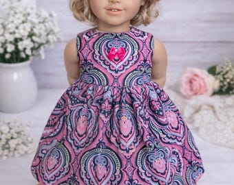 Handmade Pink Damask Print Sleeveless 18 Inch Doll Dress Fits American Girl Doll Clothes