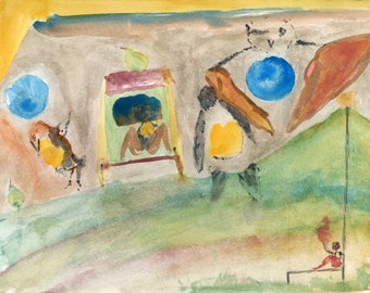 La naissance des oiseaux, partie 2 - aquarelle originale - oeuvre d'art colorée fantaisiste d'outsider d'art populaire naïf naïf aviaire surréaliste