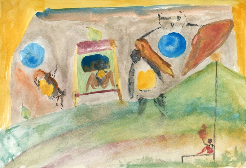 The Birth of Birds part 2 - Original Watercolor Painting - quirky surreal avian naive Folk Art outsider whimsical colorful Artwork