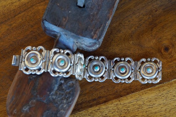 Old Mexico Repousse Sterling Silver Turquoise Pan… - image 6