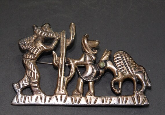 1940's Early Mexico Campesino Scene Brooch with J… - image 1