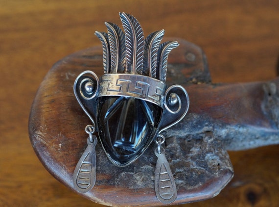1940's Mexico Onyx Sterling Silver Warrior Mask B… - image 1